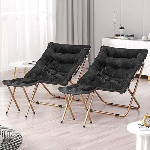 Miniatura 5 de Cómoda silla platillo para adultos, juego de 2 sillas plegables de piel sintética suave con reposapiés, marco de metal, acogedora silla plegable de