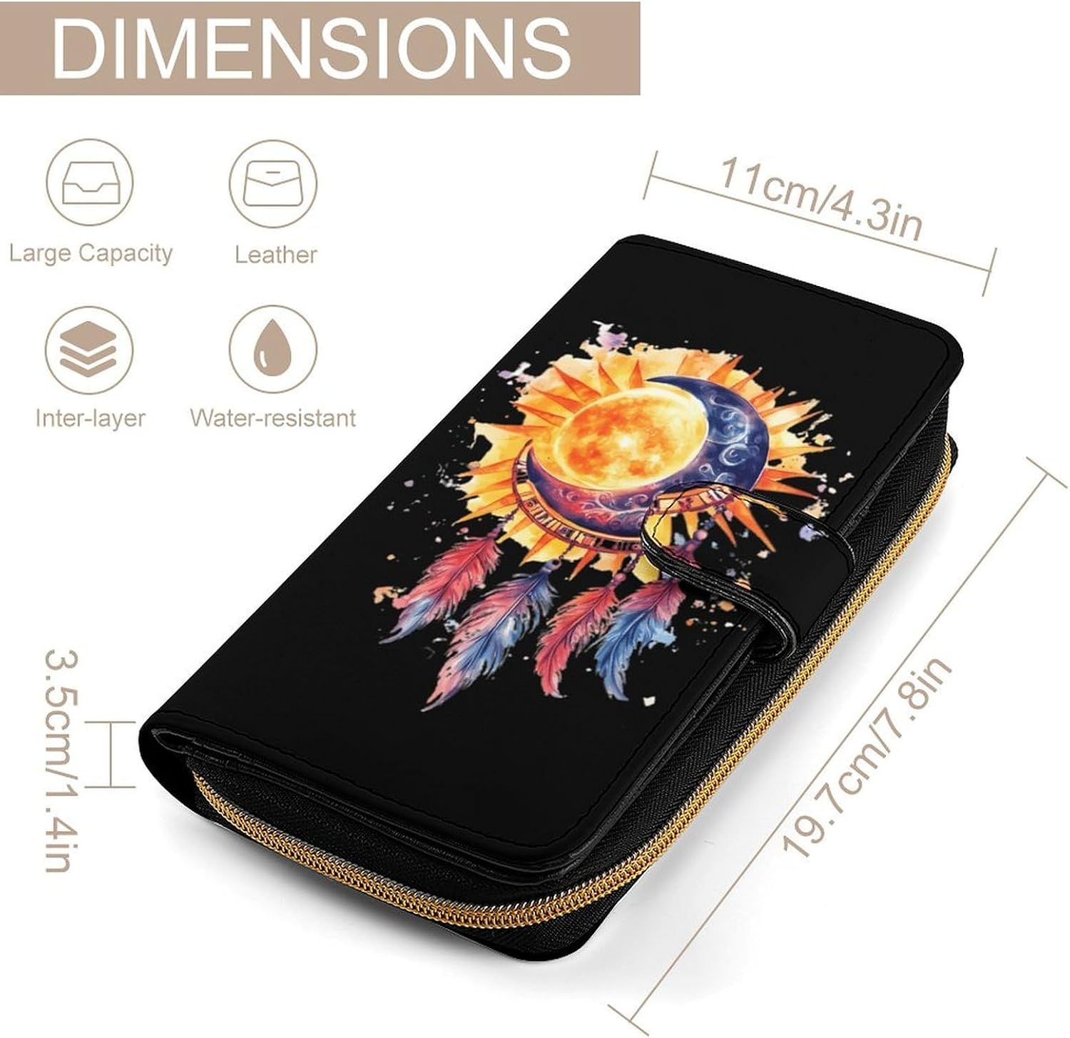 Moon And Sun Dreamcatchers Feathers Funny Long Slim Bifold Wallet Card Holder Purse with Buckle for Men Women