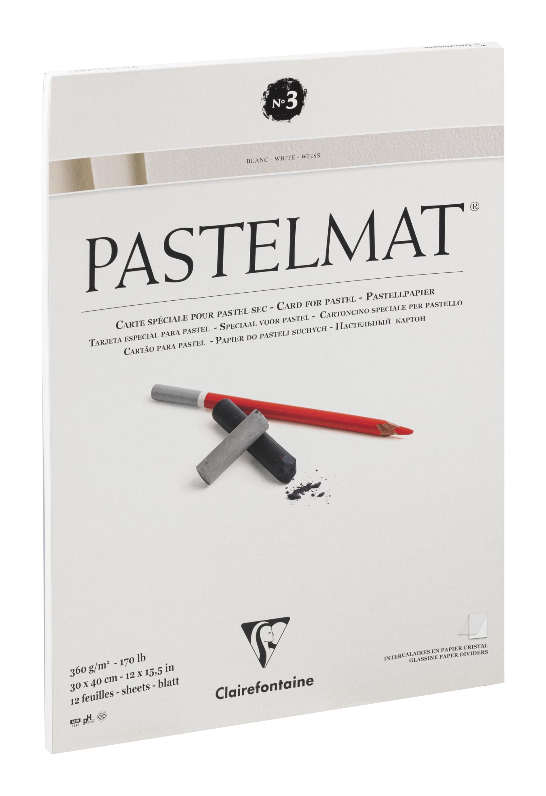 Clairefontaine - Ref 96029C - Pastelmat Pastel Card Pad No.3 (12 Sheets) - 360gsm Card - 30 x 40cm - White - Specially Formulated For Use With Pastels