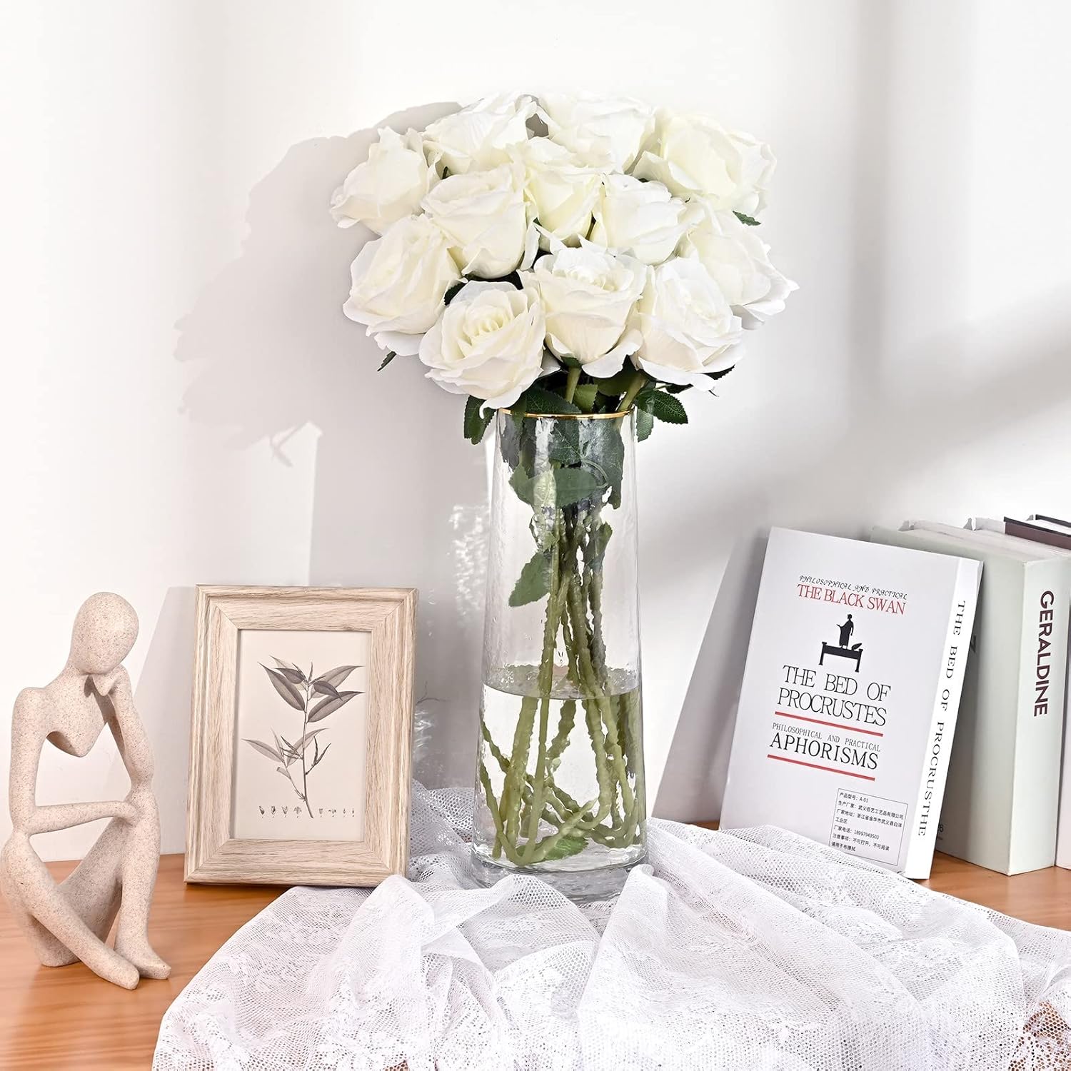 Waipfaru 8 Pcs Fake White Roses Artificial Flowers Bulk, Real Touch Silk Faux Roses with Long Stems for Wedding Bouquet Vase Flower Arrangement Table Centerpieces Home Decor (White) - Image 2