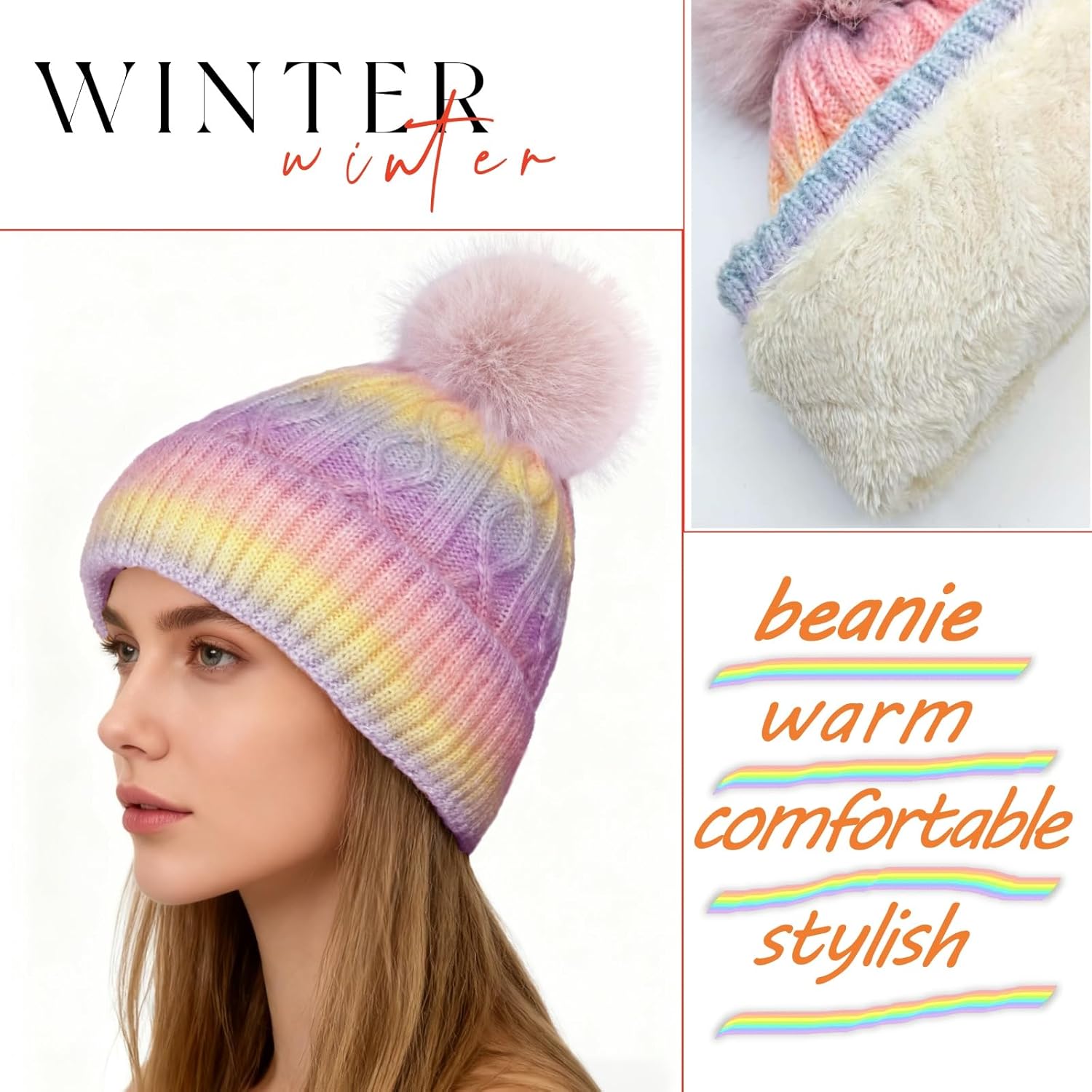 Women's Winter Beanie Hat -Cashmere Inner Layer Chunky Knit Pom-Pom Stocking Cap for Women Cold Weather - Image 3