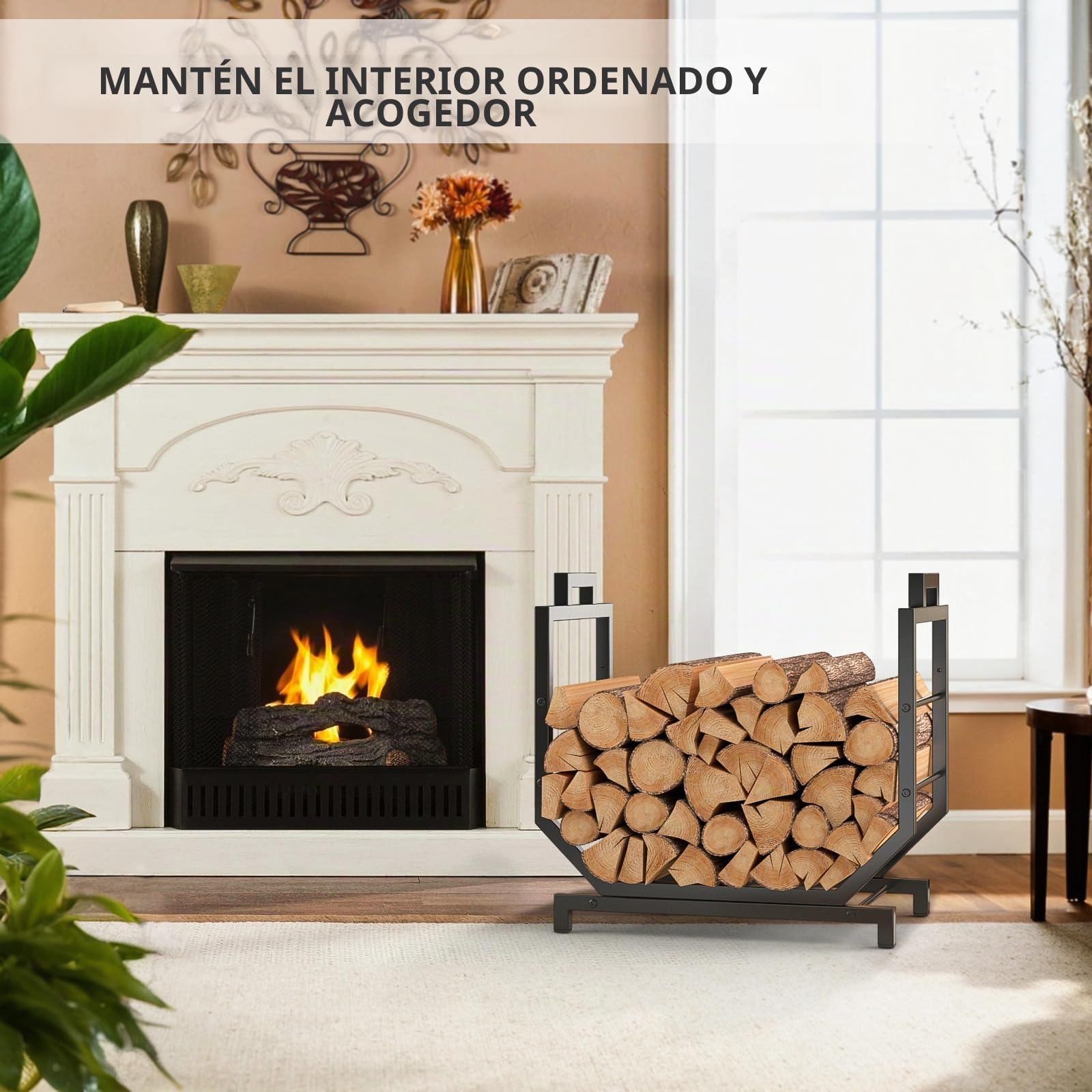 Leñero en Forma de U Reforzado Leñero Interior Exterior Metal 250lbs 4 Patas con Bolsa Transporte para Chimenea Jardín 43x53x33cm Negro Antideslizante