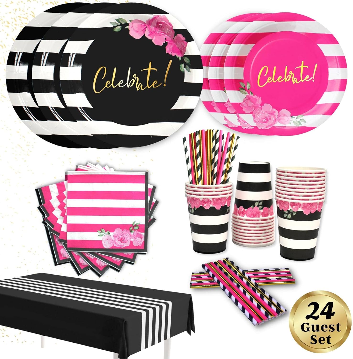 121 Pc Black and Pink Birthday Decorations - Disposable Tableware Set - Serves 24 - Plates, Cups, Napkins, Tablecloth, Straws - Hot Pink Party Decorations