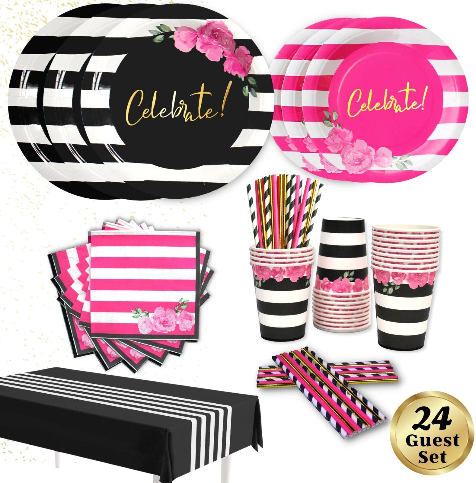 Hot Pink | Gold | Black | White Birthday Tableware, Serves 24