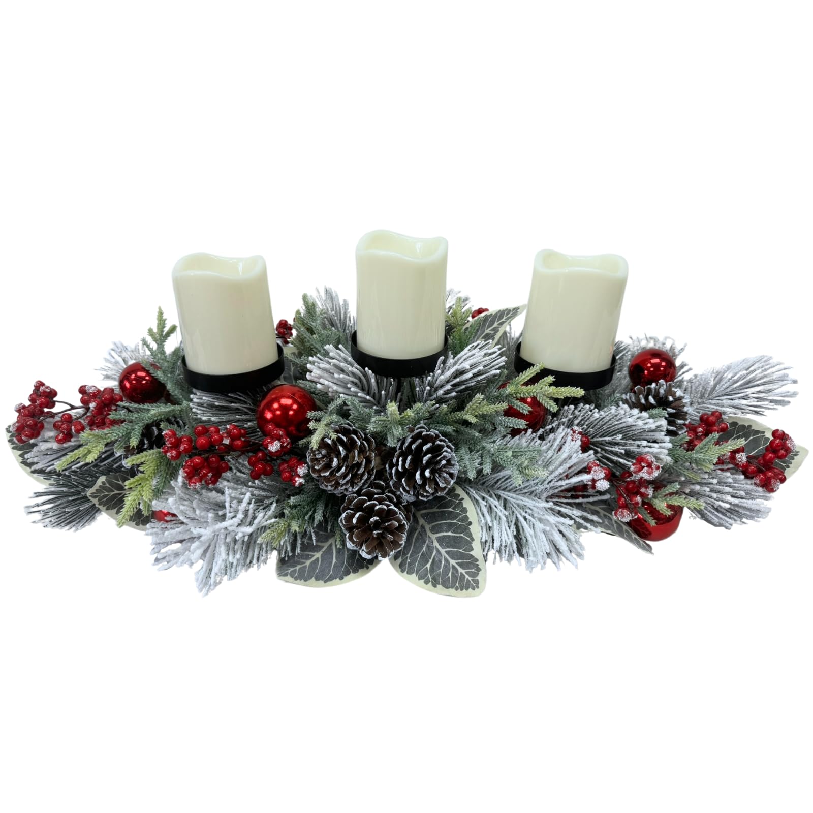 Svndlyn Portavelas de Navidad, 3 portavelas, centro de mesa de Navidad con ramas de pino nevadas, piñas, bayas rojas