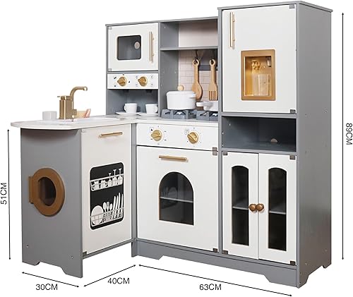 Miniatura 4 de Juego de cocina grande de madera con agua corriente real, dispensador de agua 2 en 1 con máquina de hielo, estufa de juego con luz y sonidos para