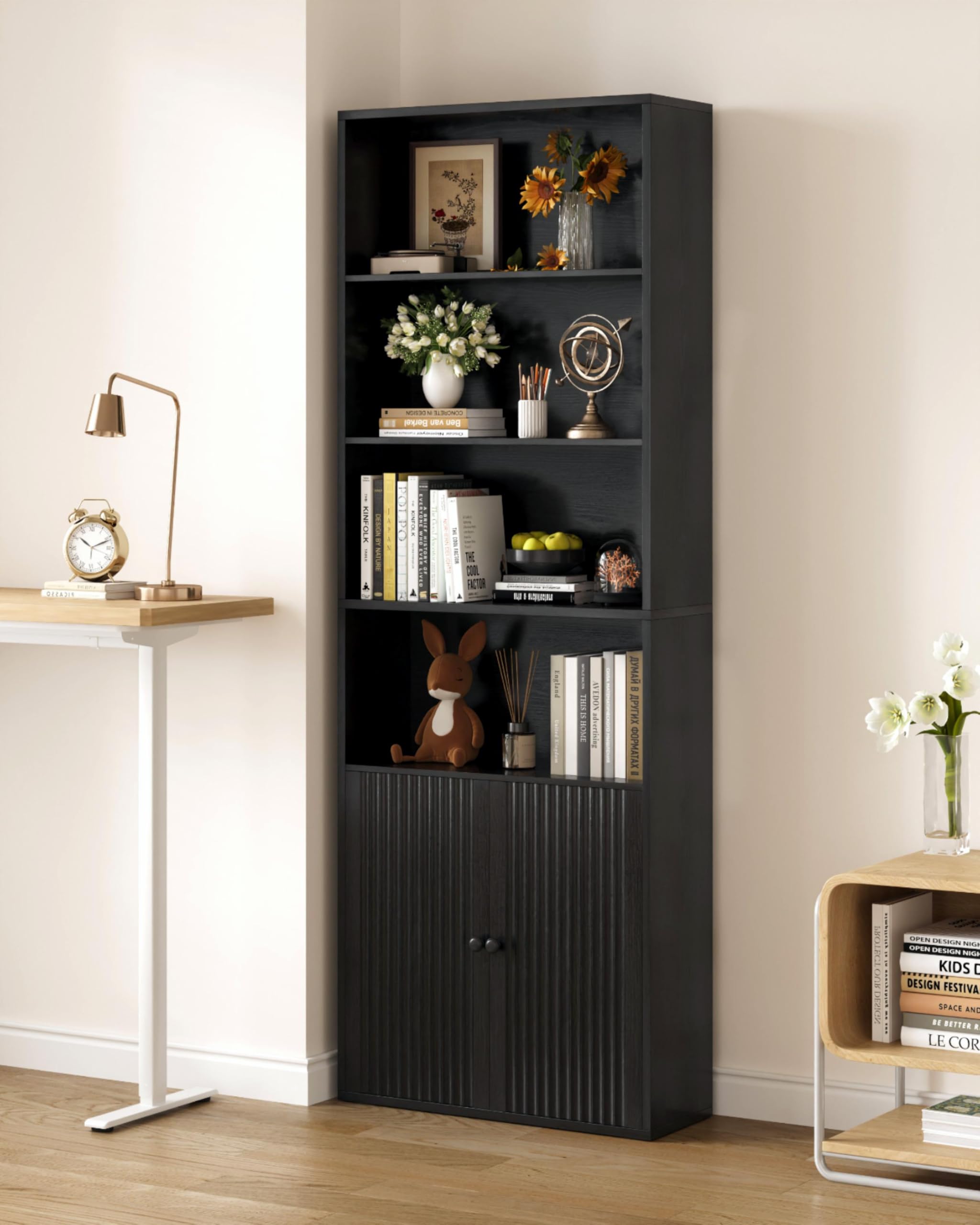 IRONCK Bücherregal mit Türen, Standregal mit 6 Ebenen, Holz Regal mit Türen, Bücherschrank, offenes Aufbewahrungsregal für Arbeitszimmer, Büro, Wohnzimmer, Schlafzimmer 180 x 60 x 23.5cm (schwarz)