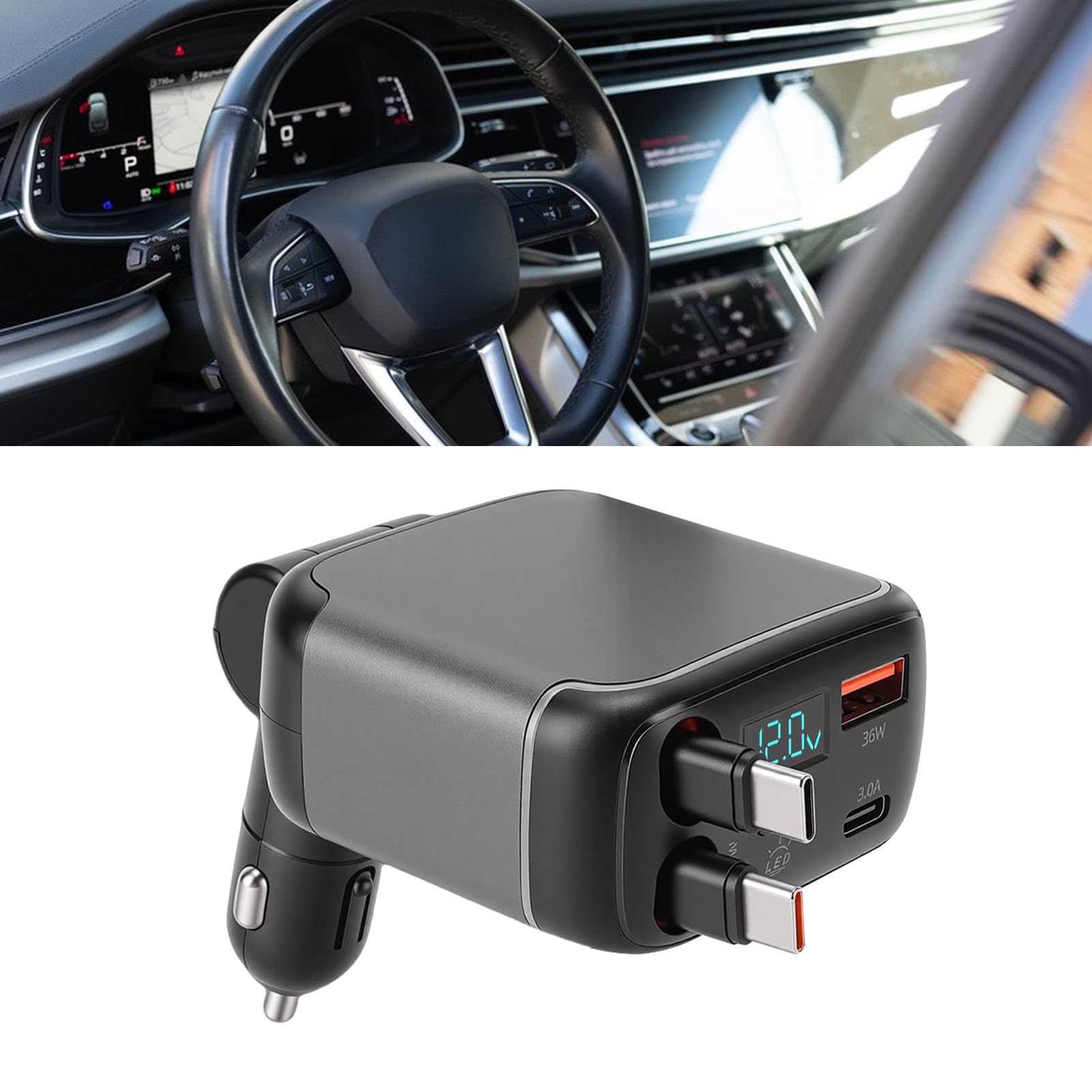 Caricatore USB C per Auto, 65W PD con Funzione Retrattile, Doppia Porta