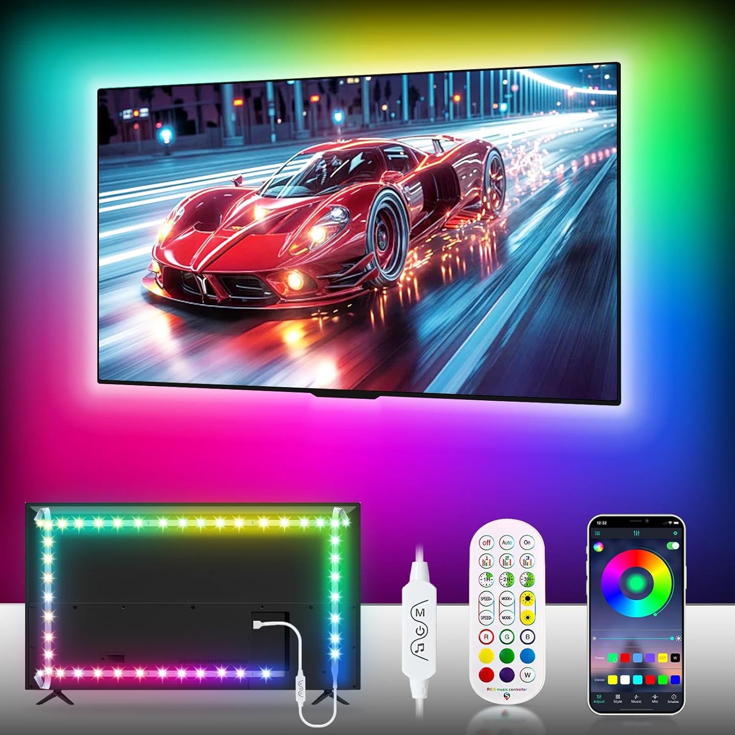 ZGCNLD TV LED Lights, RGBIC LED TV Backlights Strip 3M for 30-40 inch TV with Remote Control and USB, The Light Color Changes with the Music and Controlled by Remote or APP