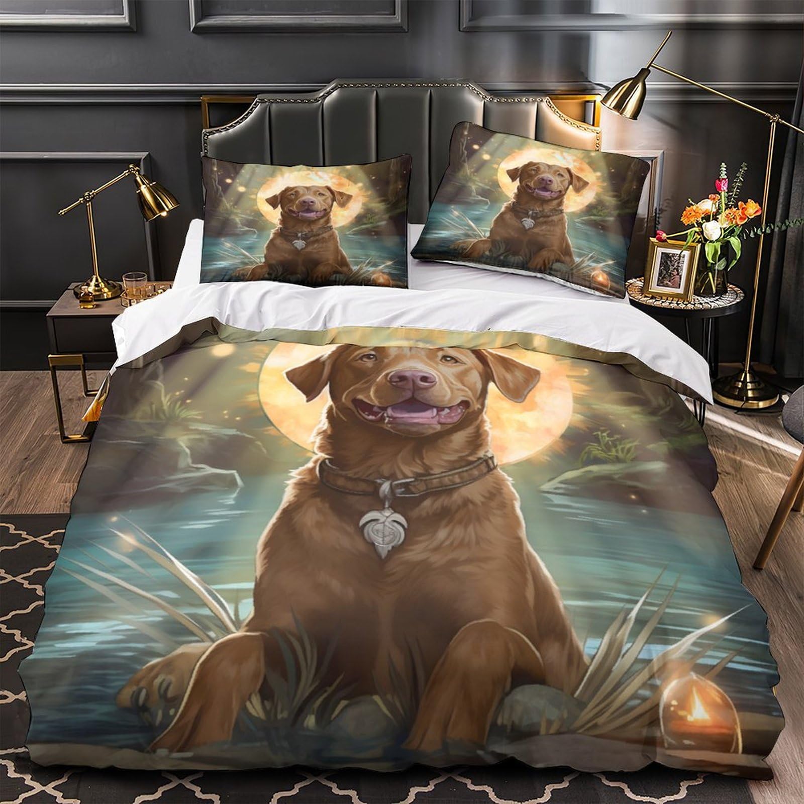 MMDASBVPE Golden Dog Portrait Duvet Cover 3D Print Super Soft 3-Piece Bed Set Hidden Zipper fantasy Quilt Cover Breathable Washable for Teens Women Adults Kids Girls Boys Youth Super king（260x220cm）