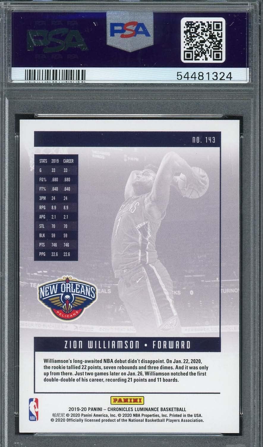 Zion Williamson 2019 Panini Chronicles Basketball Rookie Card #143 Graded PSA 10