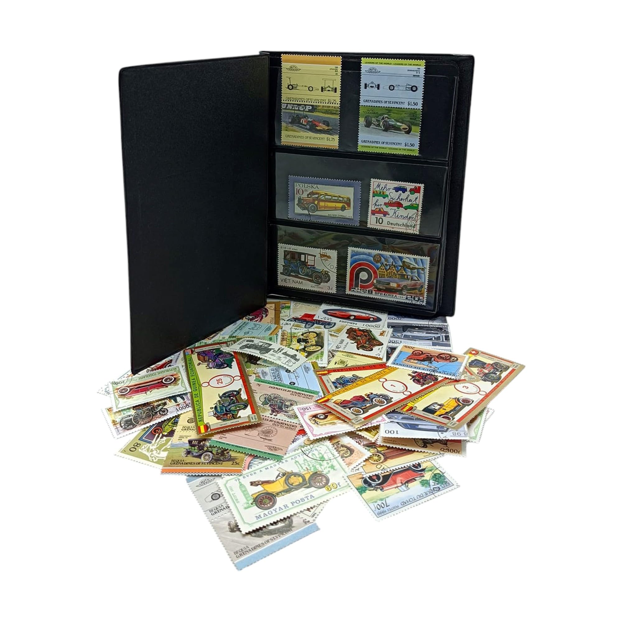 IMPACTO COLECCIONABLES – Collezione di 100 francobolli a Tema Auto con Album Incluso (14 x 18 x 1 cm) | Eleva la Tua Collezione filatelica con Autentici francobolli in Un Album Compatto ed Elegante