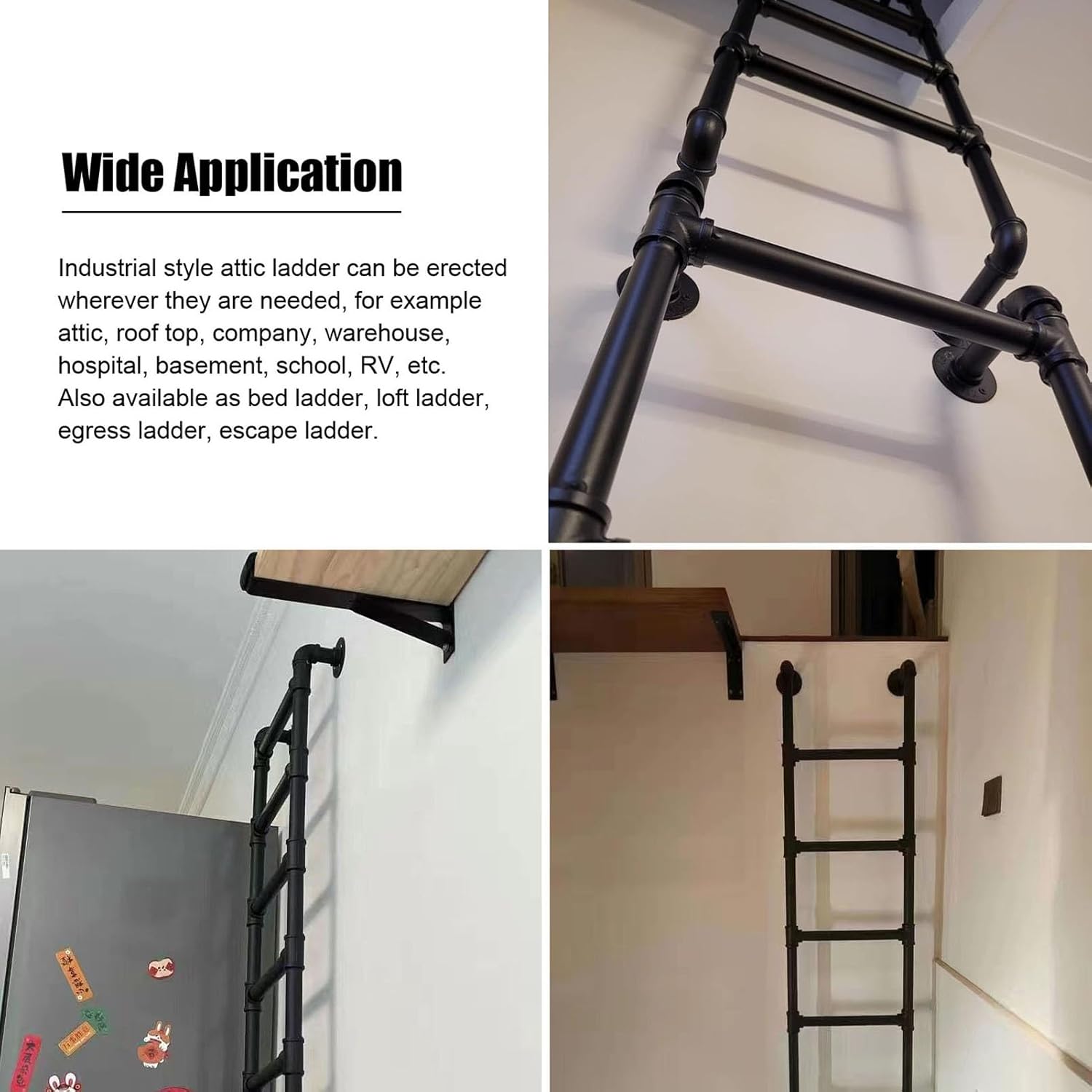 Black Attic Egress Ladder - Space-Saving Emergency Loft Bed Ladder, Wall-Mounted for Basement/Roof/Garage Escape (175 cm / 68.7")