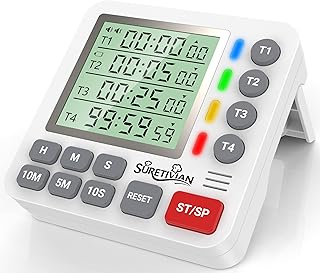 Digital Kitchen Timer for Cooking - 4 Channel Count Up Countdown Timer with Loud Alarm and Silent Mode, Large Display, Magnetic Back, Auto Memory for Classroom Study Gym, Battery Included (White&Grey)