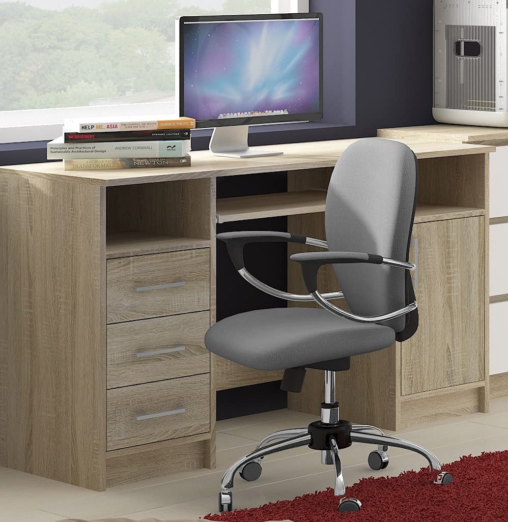 Mesa de ordenador Ana, Mueble Escritorio con 3 cajones, 1 estante con puerta, 2 estantes abiertos, 124 x 74 x 52 cm, 45 kg