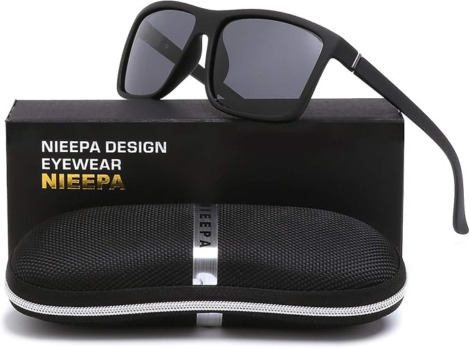 NIEEPA Men’s Sports Polarized Sunglasses Square Frame Glasses Shades with polarized lens, filter all kinds of polarized light, block harmful UVA/UVB rays, reduce the glare reflections of roads, water, snow and other horizontal surfaces.