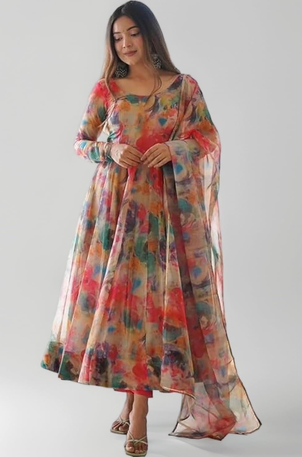 KD Women's Organza Anarkali Floral Printed Kurta Pent Set With Dupatta Set Anarkali Kurti for Women| 100% Georgette