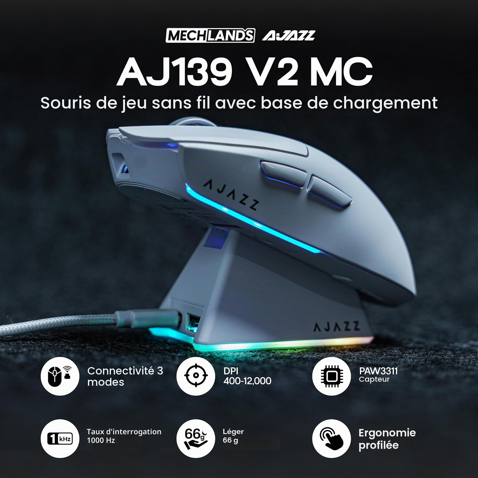 MechLands AJAZZ AJ139 V2 MC Souris de jeu avec base de charge, réglable 12 000 ppp, capteur PAW3311, souris sans fil 3 modes, batterie 500 mAh, taux d'interrogation de 1000, 66 g, légère, Win/Mac