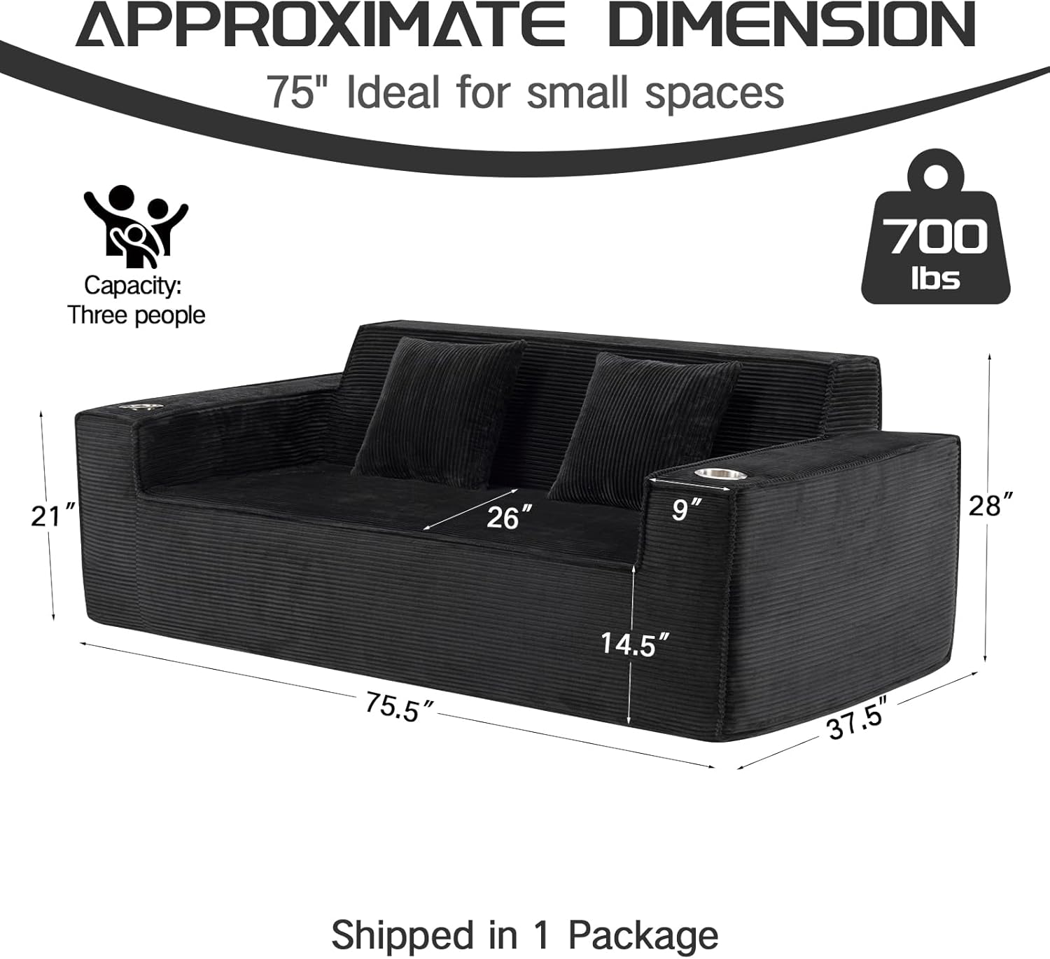 75'' cloud loveseat sofa, boneless 2 seater sofa couch, no assembly required, deep seat & wide armrest, ideal for living room, bedroom, small spaces, apartment, black corduroy