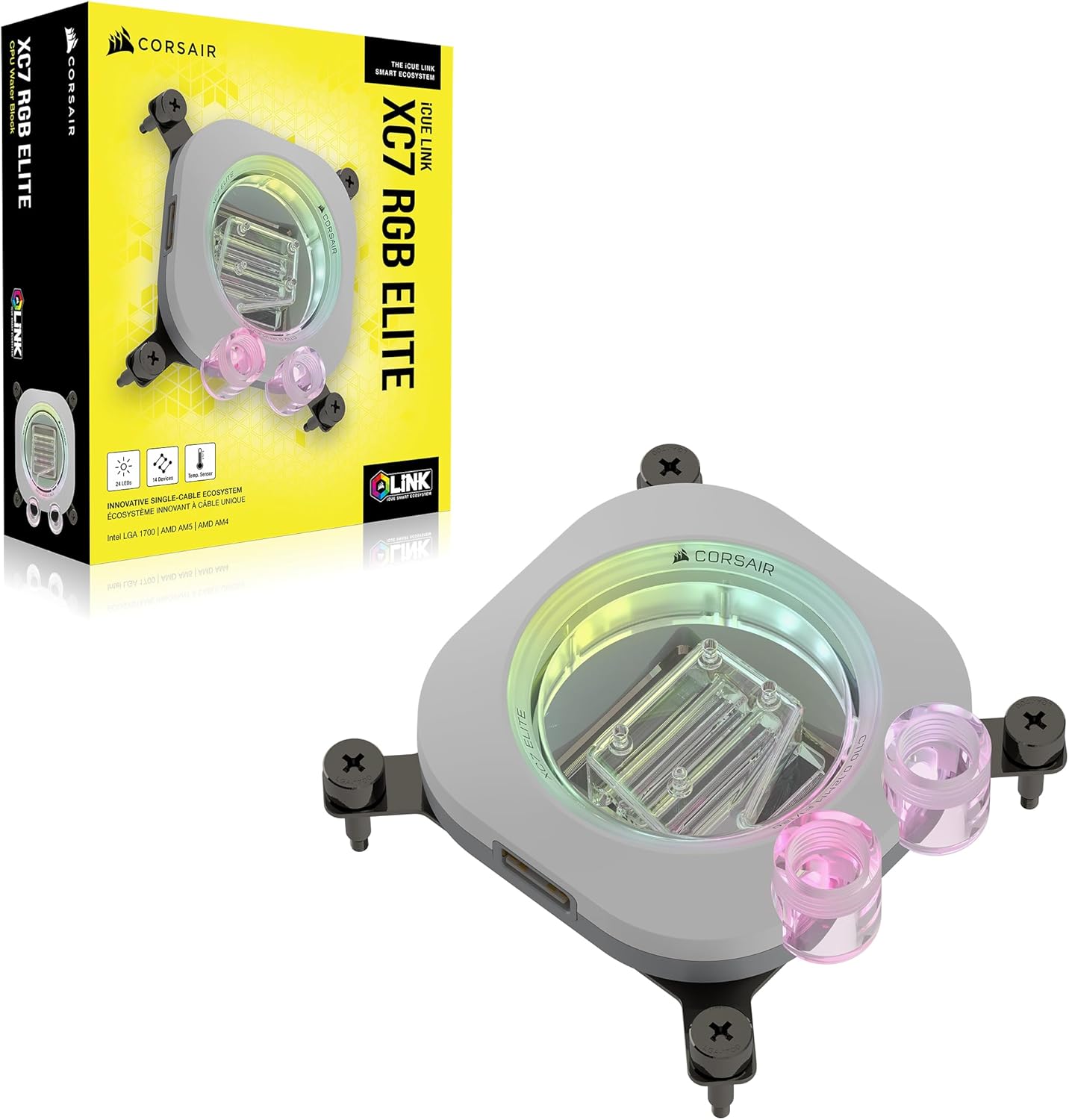 CORSAIR iCUE Link XC7 RGB Elite CPU Water Block - Transparent Flow Chamber - 24 RGB LEDs - Fits Intel® LGA 1700, AMD® AM5 and Older - White - Image 9