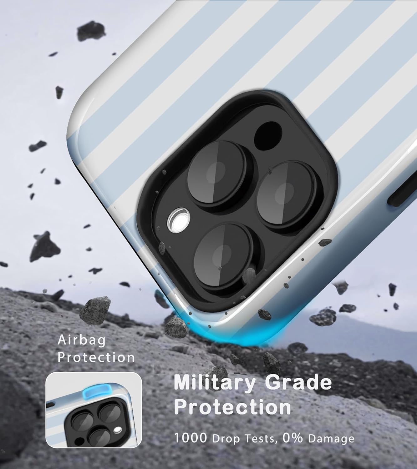 Compatible with iPhone 13 Pro Case Cute Striped Aesthetic Retro Design for Women Girls Fall Simple Chic Girly Pretty Dual Layer Hybrid Protection Elegant Case for iPhone 13 Pro-Blue - Image 5