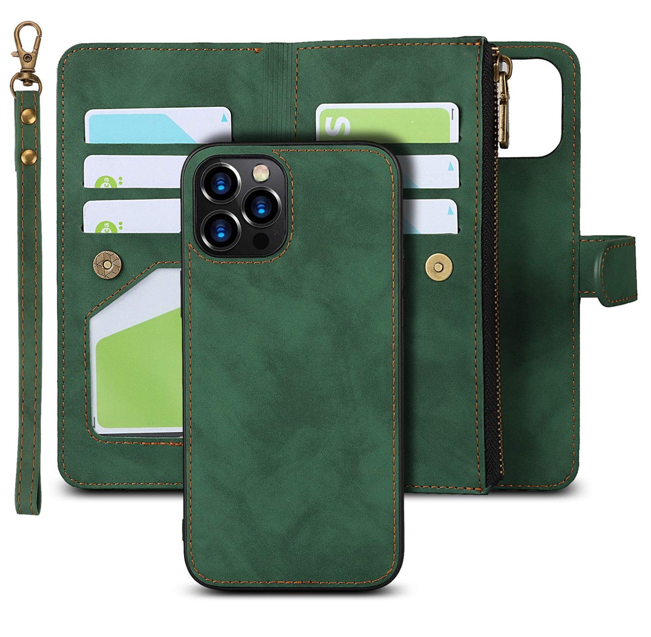 iCoverCase for iPhone 12/12 Pro Wallet Case with Card Holder and Wrist Strap, PU Leather Kickstand Card Slots Zipper Pocket Magnetic [Detachable] Flip