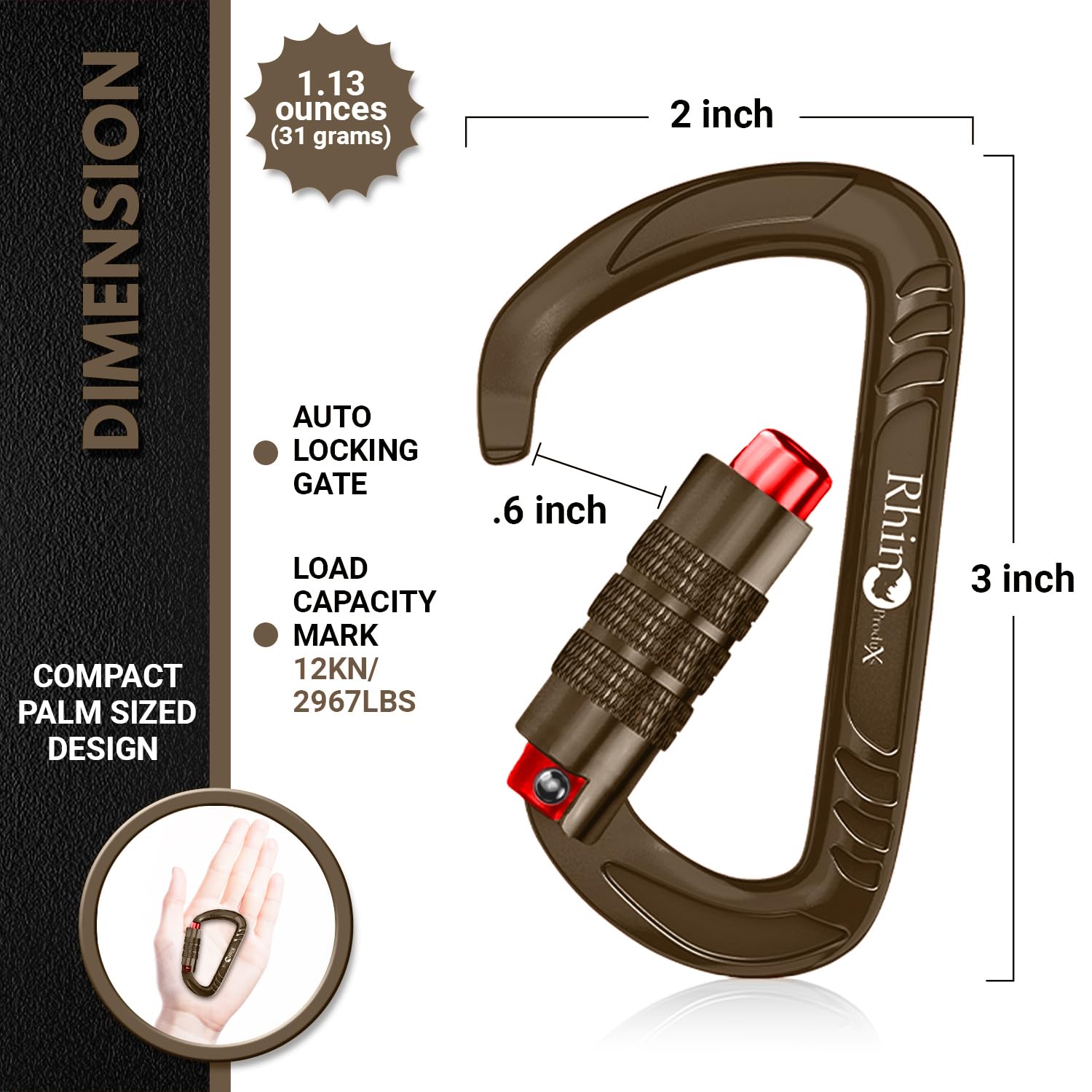Rhino Produxs Mosquetón de alta resistencia de 12 kN, para asegurar mascotas, al aire libre, camping, senderismo, hamaca, arnés de correa de perro, llaveros