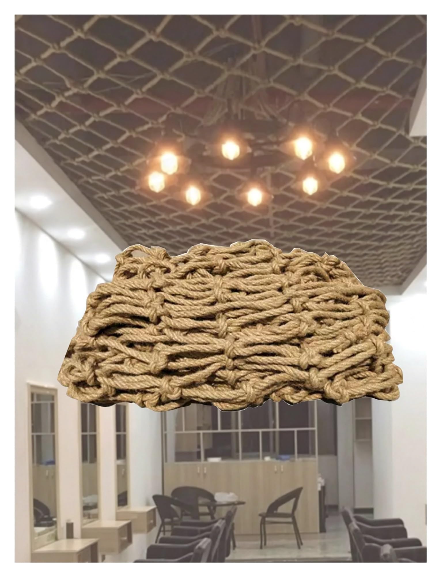 Filet de corde de chanvre pour habiller un plafond haut et décorer un mur
