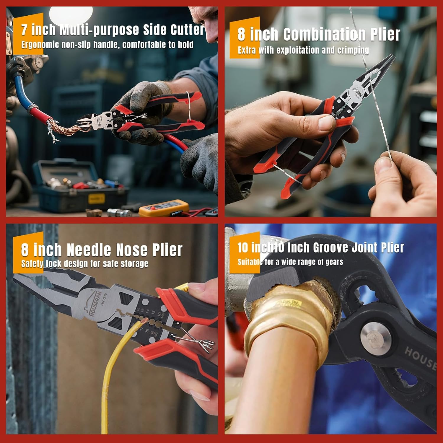 8-Piece Tool Set with Case Including 10” Groove Joint Pliers, 8.3” Long Nose, 8.3” Linesman, 7.5” Diagonal, 6” Flush Cutter, 5” Long Nose, 5” 170 Cutter, 25mm Rubber Mallet for DIY & Home Use