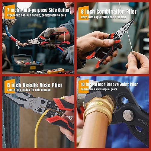 Miniatura 4 de HOUSERAN Juego de herramientas de 8 piezas con estuche que incluye alicates de junta de ranura de 10 pulgadas, nariz larga de 8.3 pulgadas, línea de