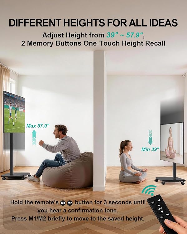 WALI Motorized Rolling TV Stand Lift on Wheels, Electric Height Adjustable Television Stand Mount with Remote for 33-75” TVs up to 110 lbs, Mobile TV Cart with Wood Base for Bedroom(TVDVD-7ER), Black by WALI - Used condition - Image 5