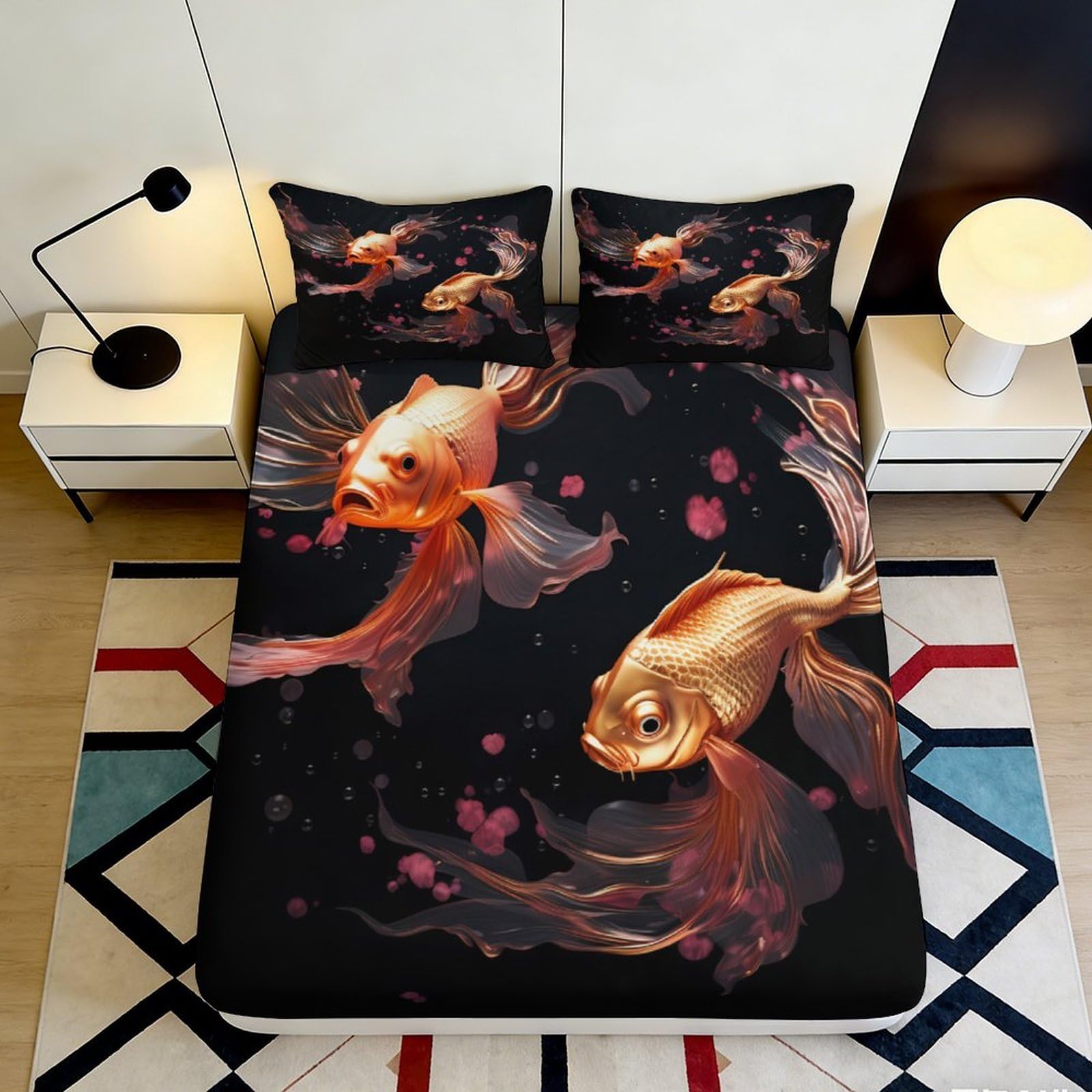 3D Printed Goldfish Fitted Sheet Microfiber Non-Slip Deep Pocket Bedroom Bedding Goldfish Mattress Fitted Cover Washable 140x200x25cm
