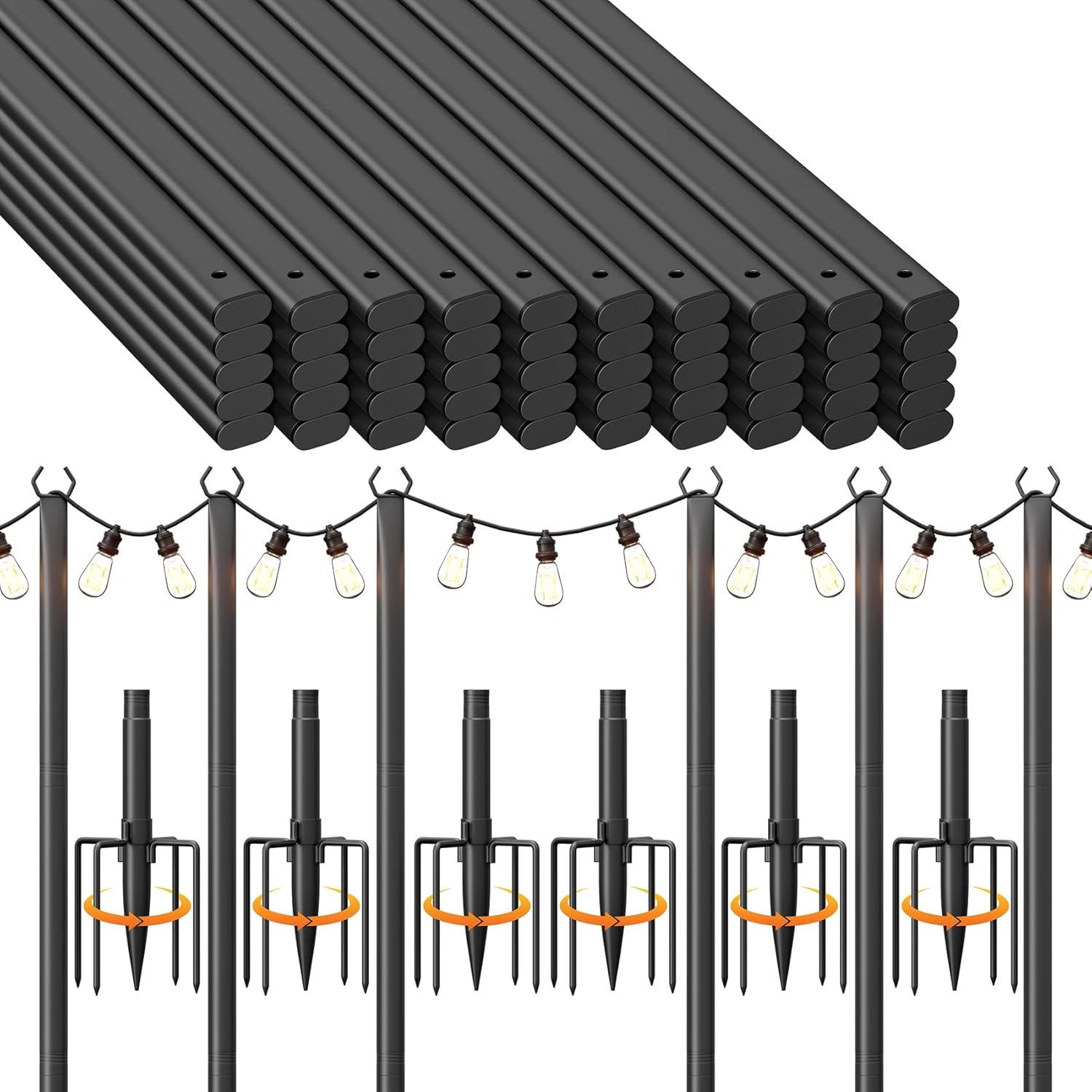 6 Pack 10Ft String Light Poles for Outside and 50 Pack Deck Balusters 36" Staircase Baluster for Deck Systems Outdoor lighting brackets and railings are used for terraces, decks, backyards