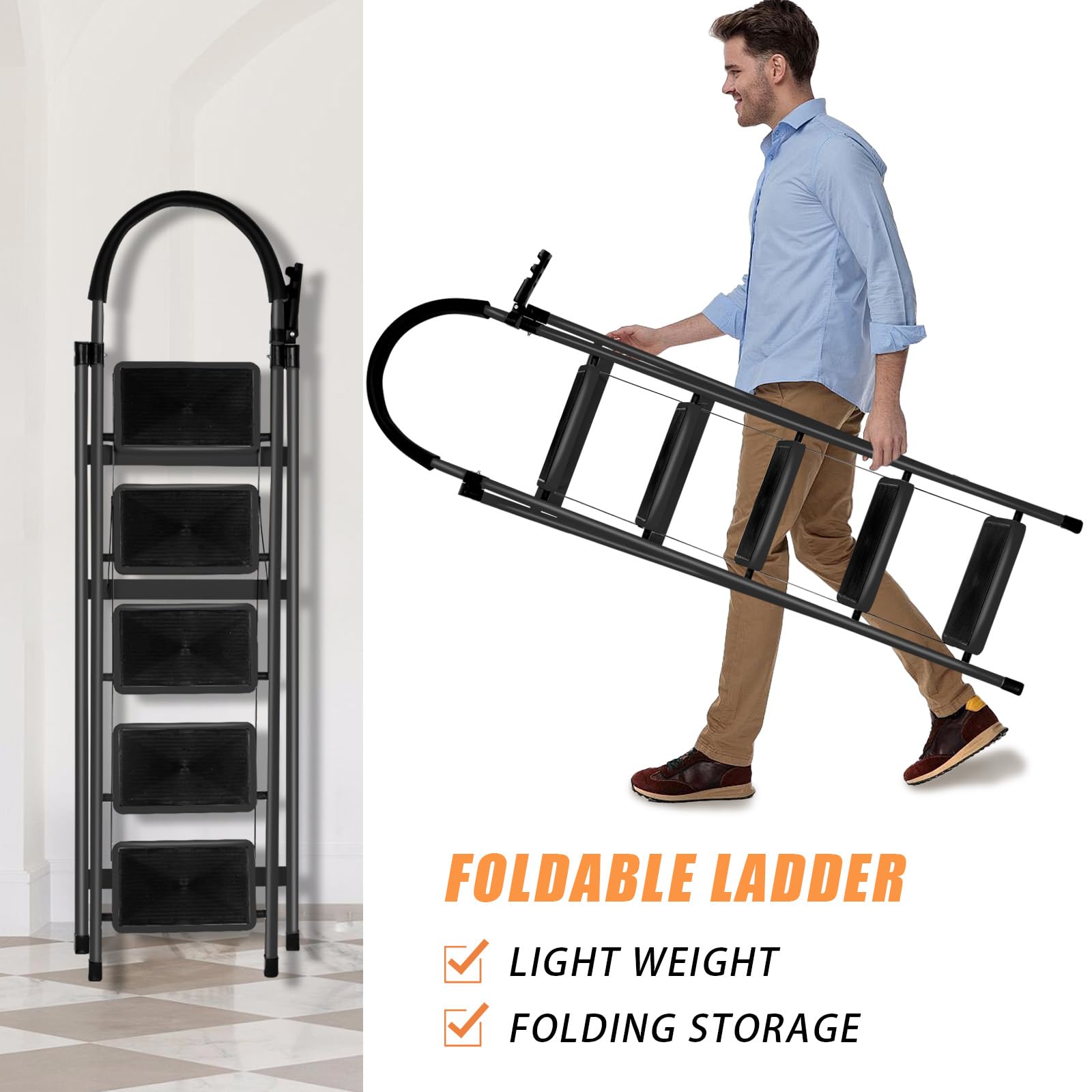 Échelle Compacte avec Poignée en Caoutchouc, Escabeau 5 Marches Pliable, Design Antidérapant, Fabriquée en Acier Alliage de Haute Qualité, Charge Maximale 150kg, 152 x 87 x 39 cm - 5 marches (Noir)