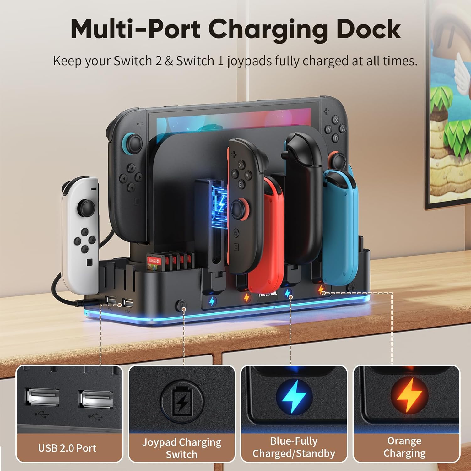 [Switch 2/1/OLED Compatible] RGB Switch 2 (2025) Wall Mount Kit for Joycon Charger, Switch Accessories Organizer with 15 Light Modes, 2 USB Ports, 10 Card Slots, Safely Store Switch Console Behind TV - Image 5