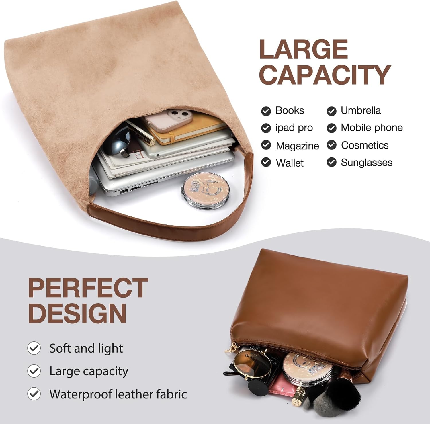 2-Piece Vegan Leather Purse Set for Women: Slouchy Hobo Shoulder Bag & Suede Tote Bag - Image 2