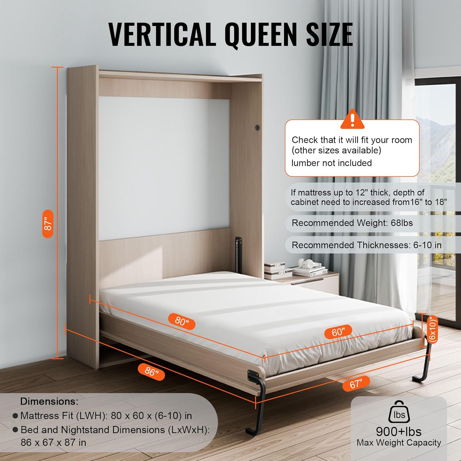 VEVOR Murphy Bed Kit, Queen Size, Vertical Deluxe DIY Wall Bed Mechanical Hardware Kit, Pneumatic Lever Heavy Duty Bed Frame Support, Folding Cabinet Wall Bed Space Saving Design for Guestroom