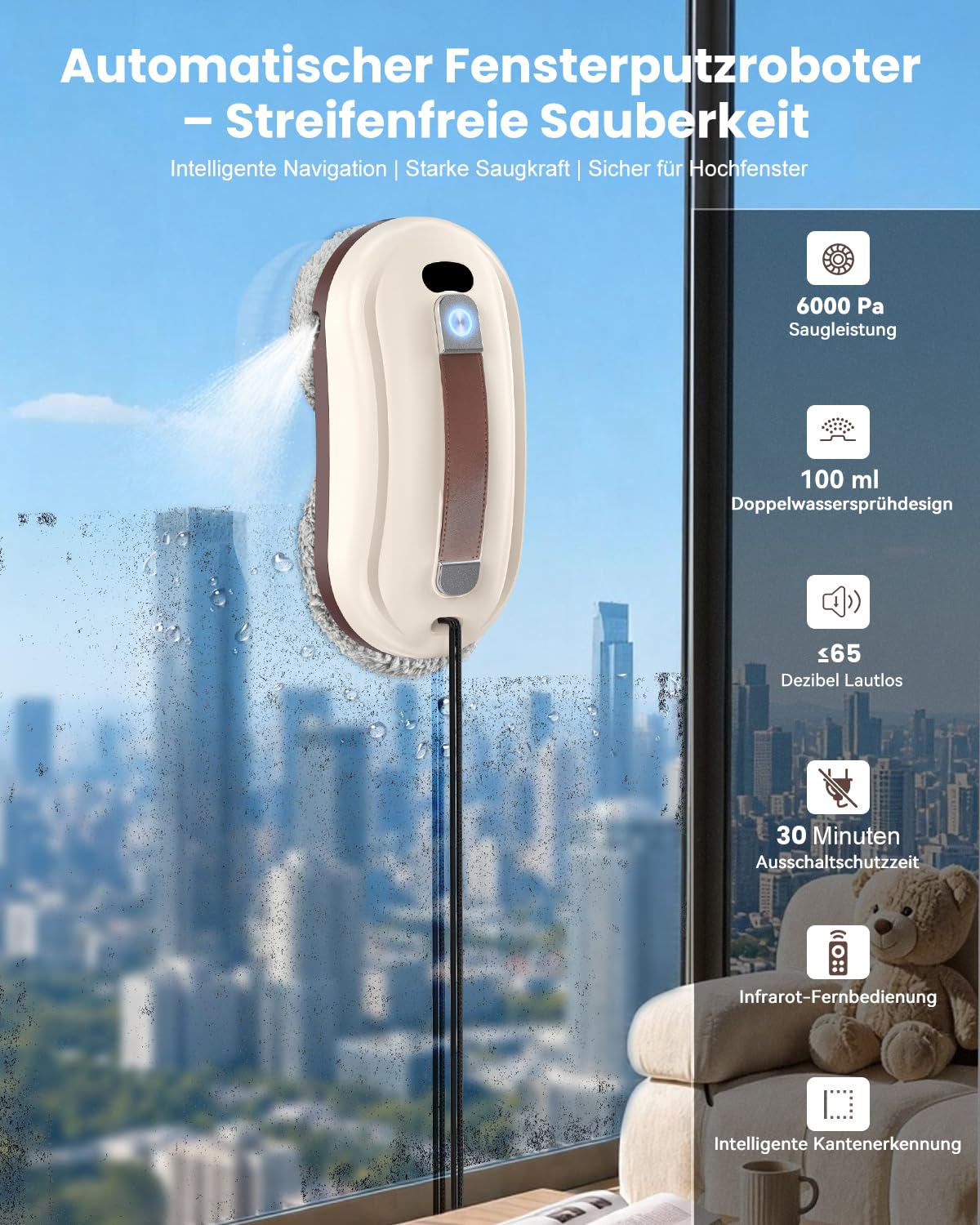 Robofun Fensterputzroboter, 6000Pa Fensterroboter, 100 ml Wassertank