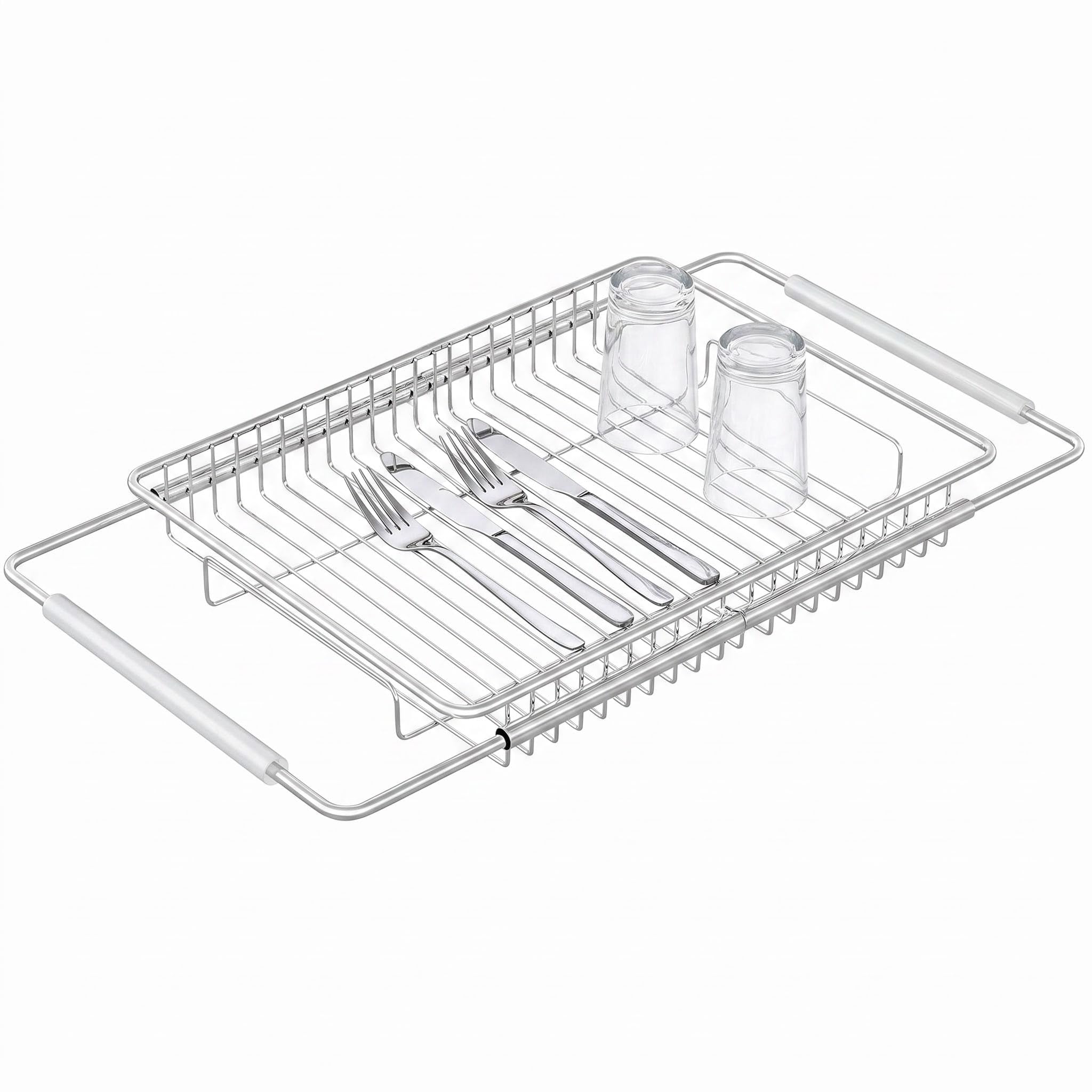 Escurreplatos extensible de acero inoxidable sobre el fregadero de la cocina, estante de enjuague de verduras y frutas, drenaje compacto, cesta de bandeja de secado de platos, organizador de