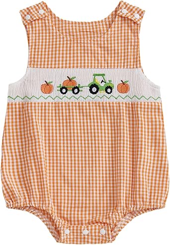 Newborn Baby Boy Halloween Clothes Pumpkin Tractor/Truck Smocked Bubble Romper Sleeveless Plaid Overall Bodysuit
