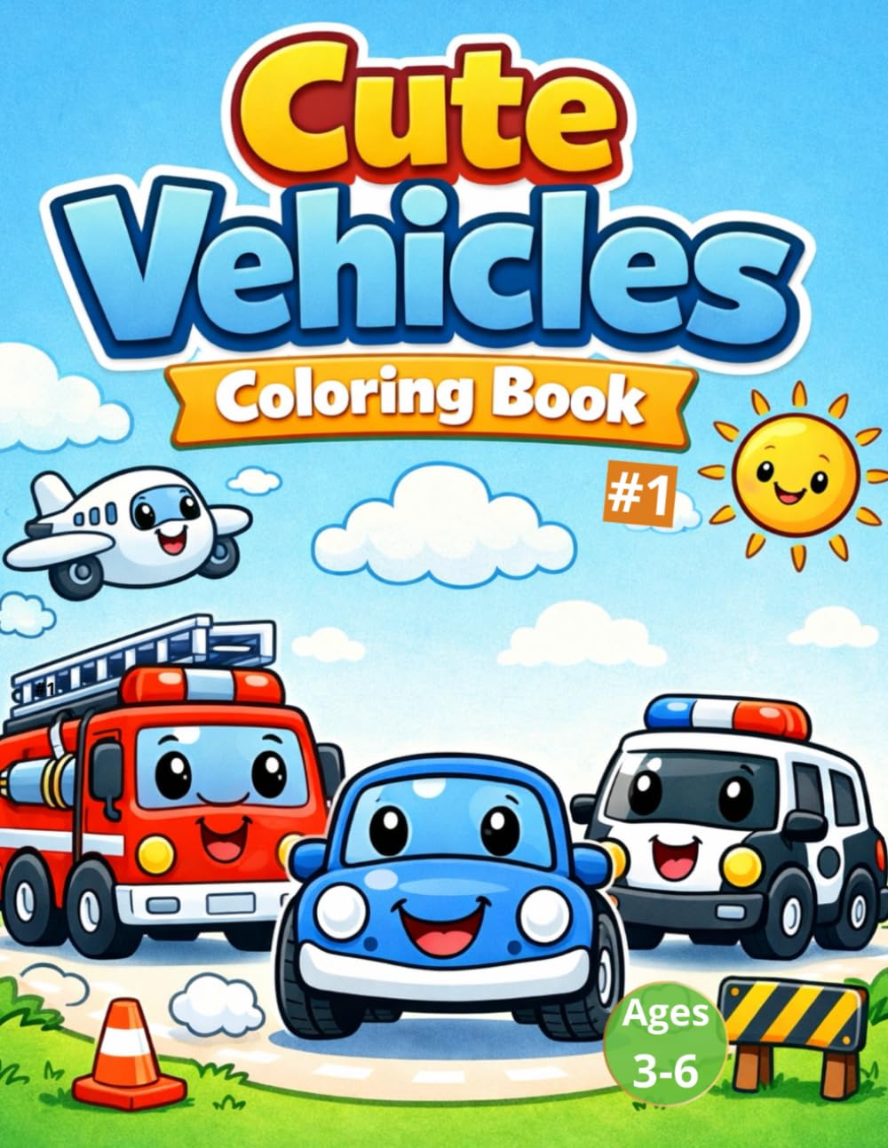 Cute Vehicles Coloring Book: 40 Fun and Easy Cars, Trucks & Machines Coloring Pages for Kids Ages 3–6