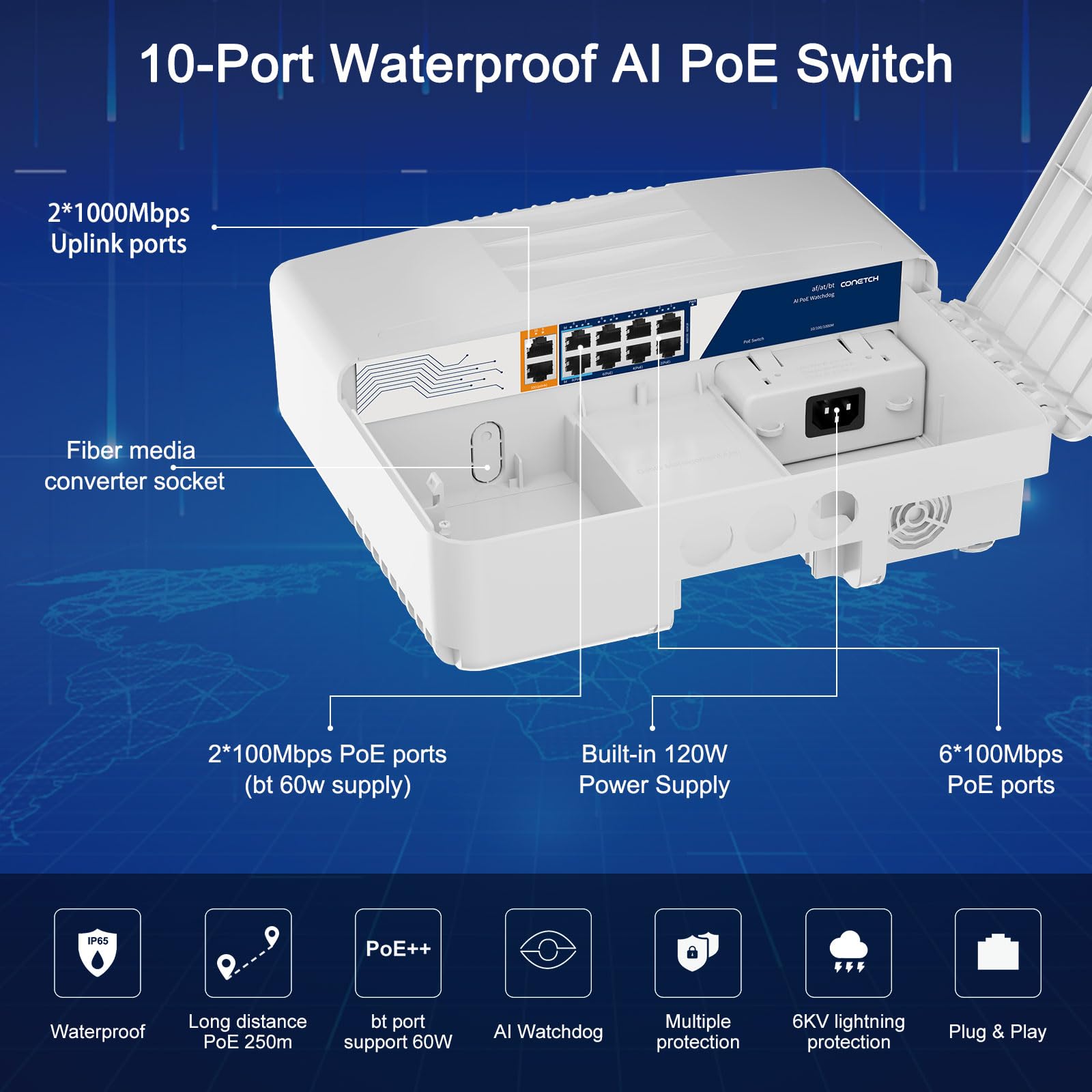 Commutateur PoE extérieur à 10 ports avec 2 liaisons montantes | Étanchéité IP65 | Puissance intégrée de 120 W | IEEE802.3af/at/bt | AI Watchdog | Protection contre la foudre 6KV | Boîtier