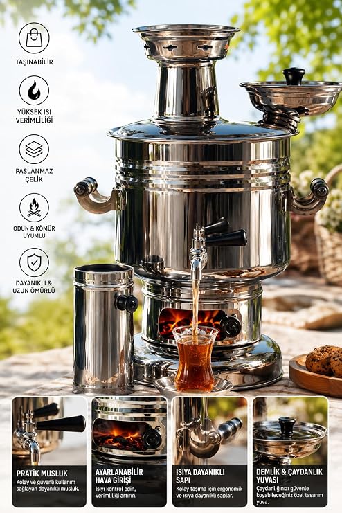 Paslanmaz Çelik Krom Semaver 4.5 Litre - Çantalı - Kömür & Odun Semaveri | Paslanmaz Çelik