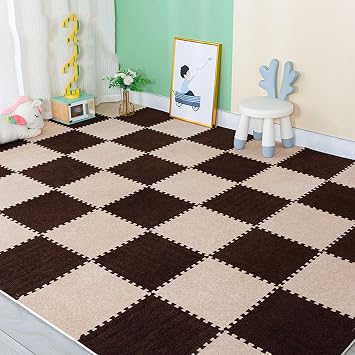 12in Interlocking Floor Mat - Short Plush Square Foam Tiles with Edgings - 12pcs 0.4" Thick Foam Mat Puzzle Area Rug -Playmat for Room FloorColorCoffee + Light Brown
