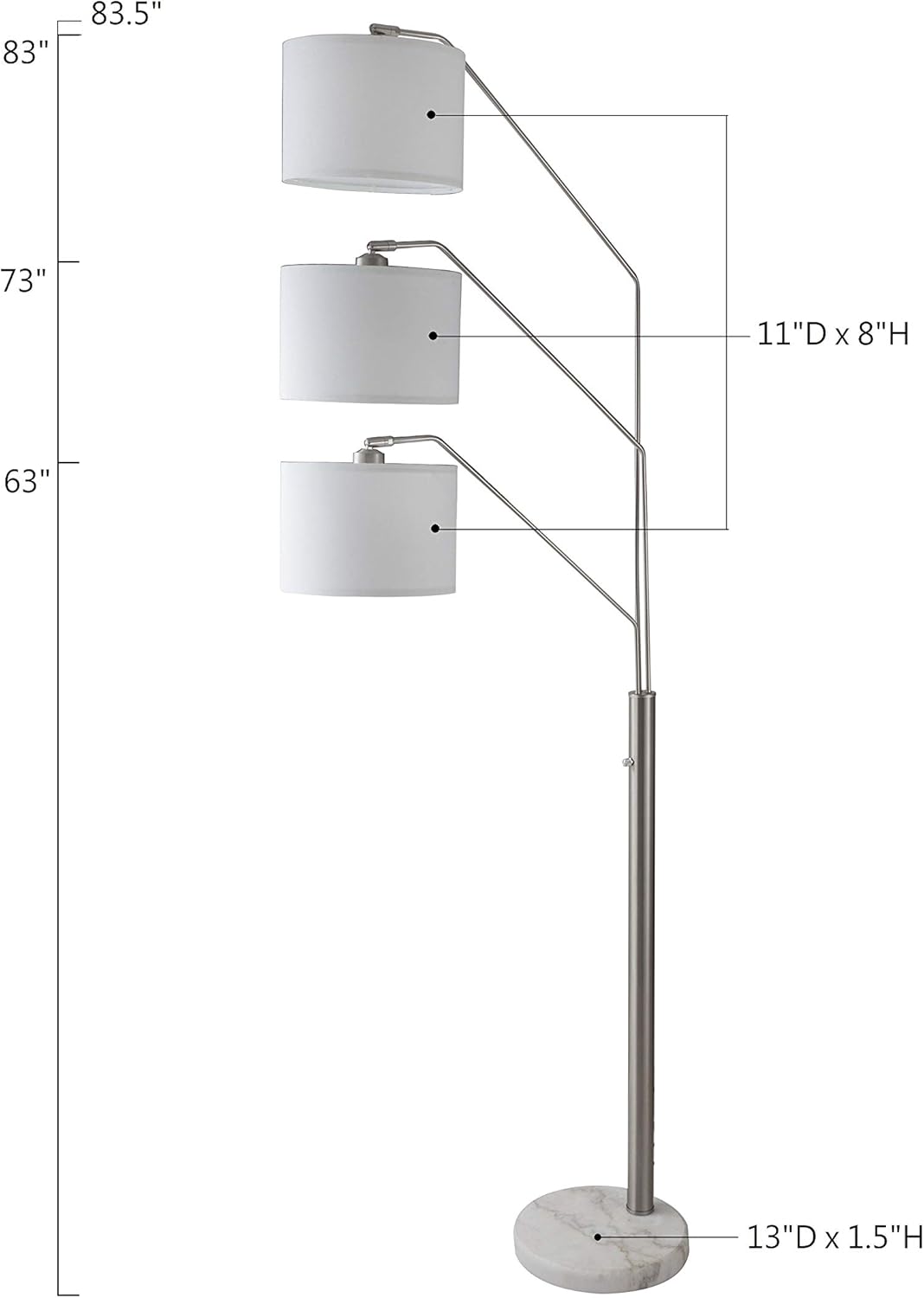 SH Lighting 83.5" Arc Tree Floor Lamp - Featrue 3 Hanging White Drum Fabric Shade with Adjustable Swing Arm and Marable Base - Great for Living Rooms, Bedrooms, or Arching Over Couches - 6949SN