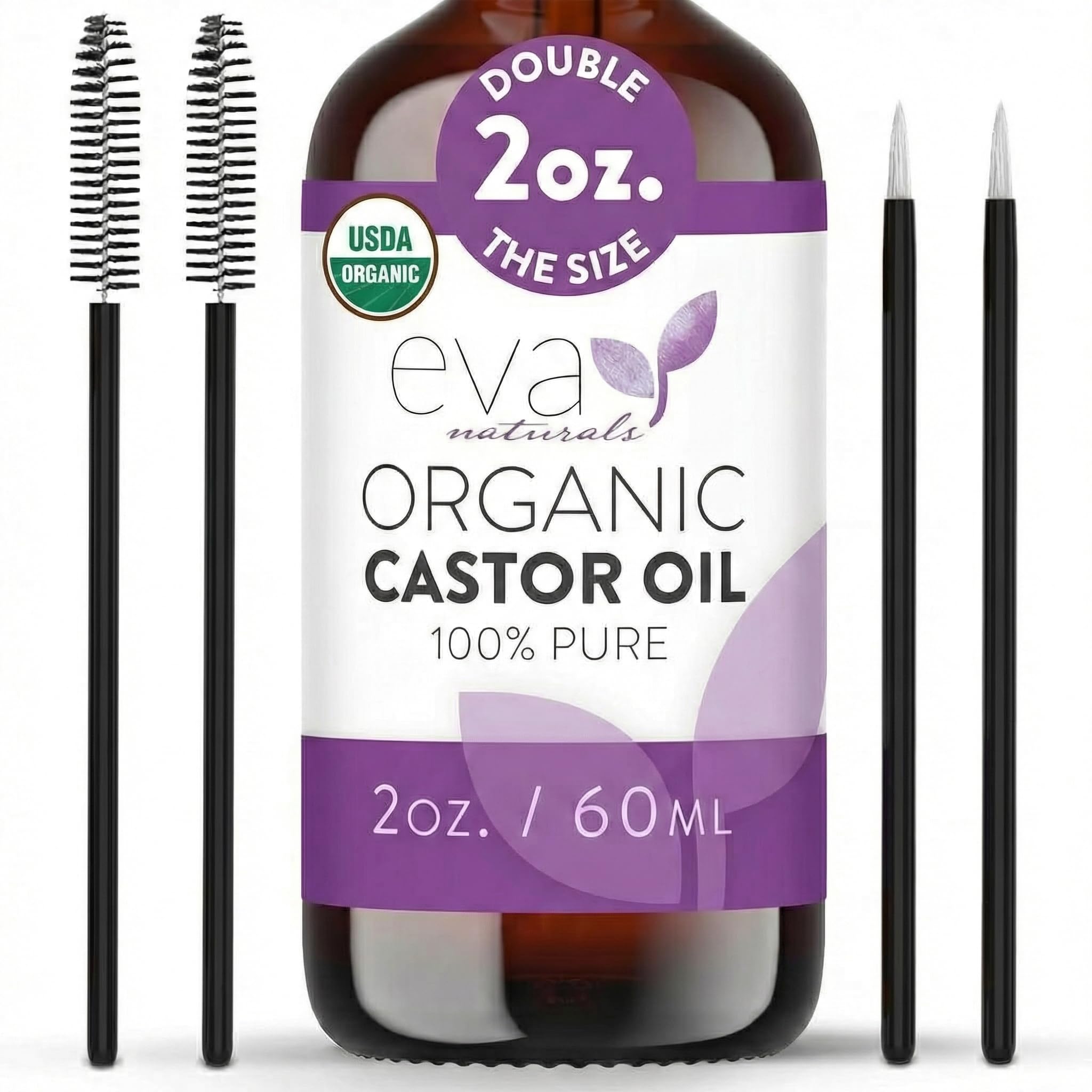 Eva Naturals 100% Pure Castor Oil – Cold Pressed for Eyelash, Eyebrow, Hair & Lash Growth, Thicker Brow & Face Serum Drops for Wrinkles, Hydrating & Nourishing Oil for Skin, Lashes & Brows, 2oz