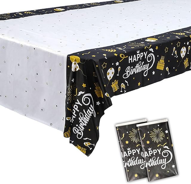 Dololoo 2 Pack Birthday Party Tablecloth 54x108 inch (137x274cm) Party Supplies, Rectangular Black Table Cover for Birthday Party Decorations
