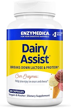 Enzymedica DairyAssist, with Lactase and Protease, Digestive Enzymes for Dairy, 5000 ALU Lactase per Capsule, Helps Break Down Lactose, 30 Vegan Capsules, High Dose, Gluten Free, SOYA Free, Non-GMO