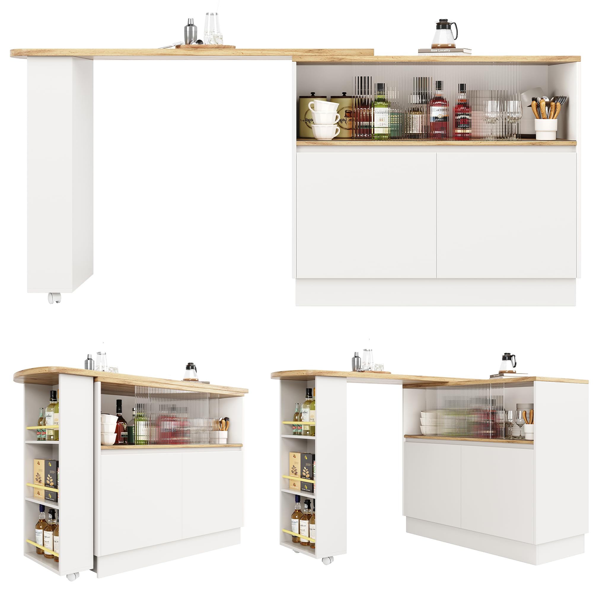 Azkoeesy Bartisch Esstisch 360° drehbare mit Stauraum, 90 x 45 x 100-165 cm, mit Rollen, Seitenregal, Schiebetüren aus Glas, Stehtisch/Bistrotisch/Hochtisch/Kücheninsel, weiß