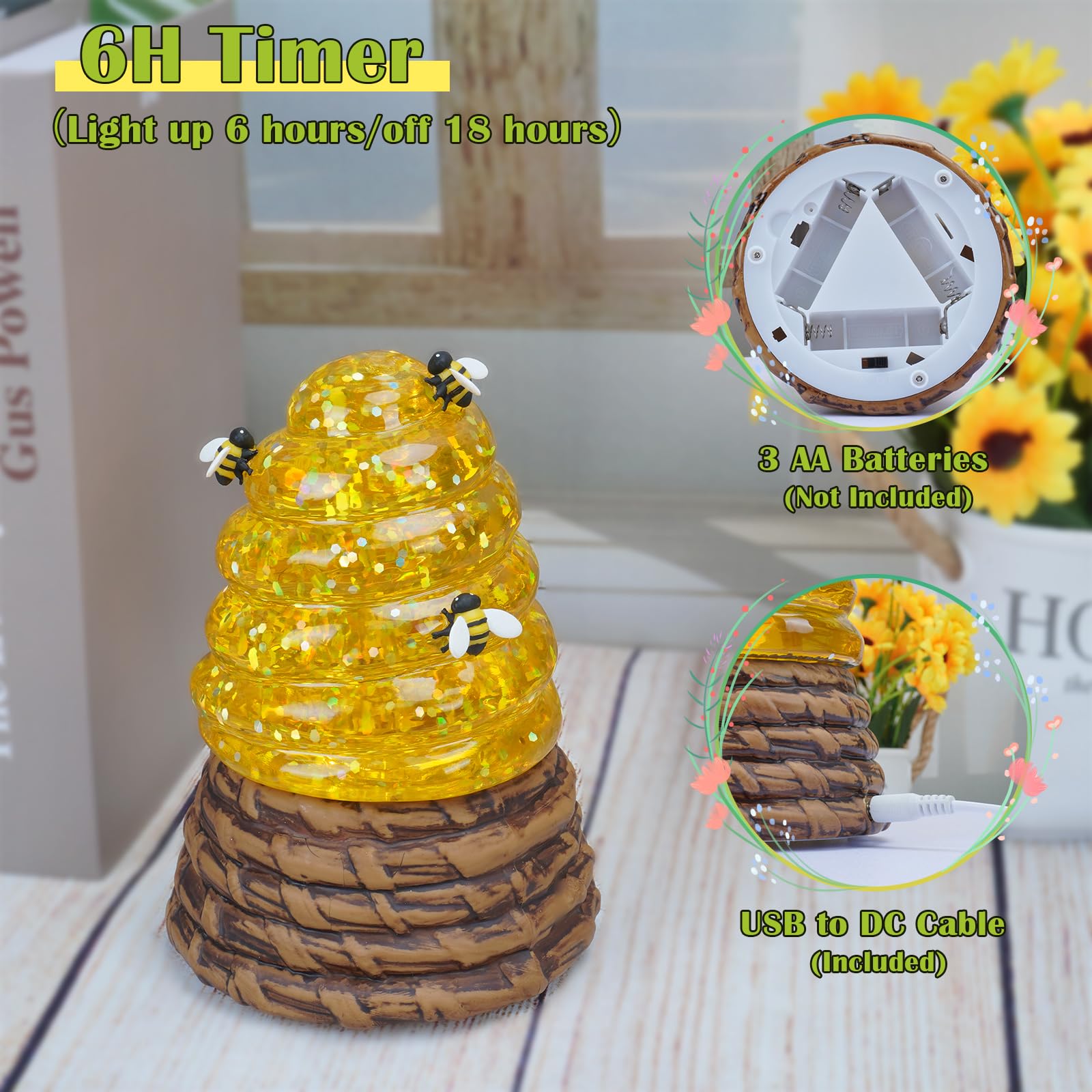 Boule à neige en miel avec minuterie de 6 h, boules à neige à paillettes tourbillonnantes pour printemps et été, fonctionne avec USB/piles, pour la journée mondiale des abeilles, le printemps, les